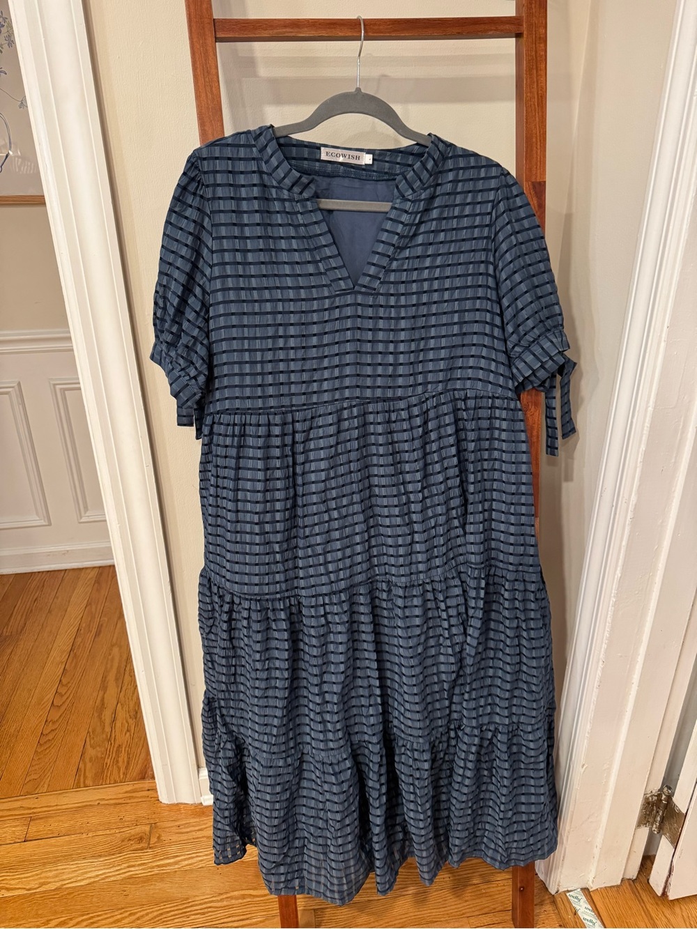 Wish Blue Textured Tiered Midi Dress with V-Neck